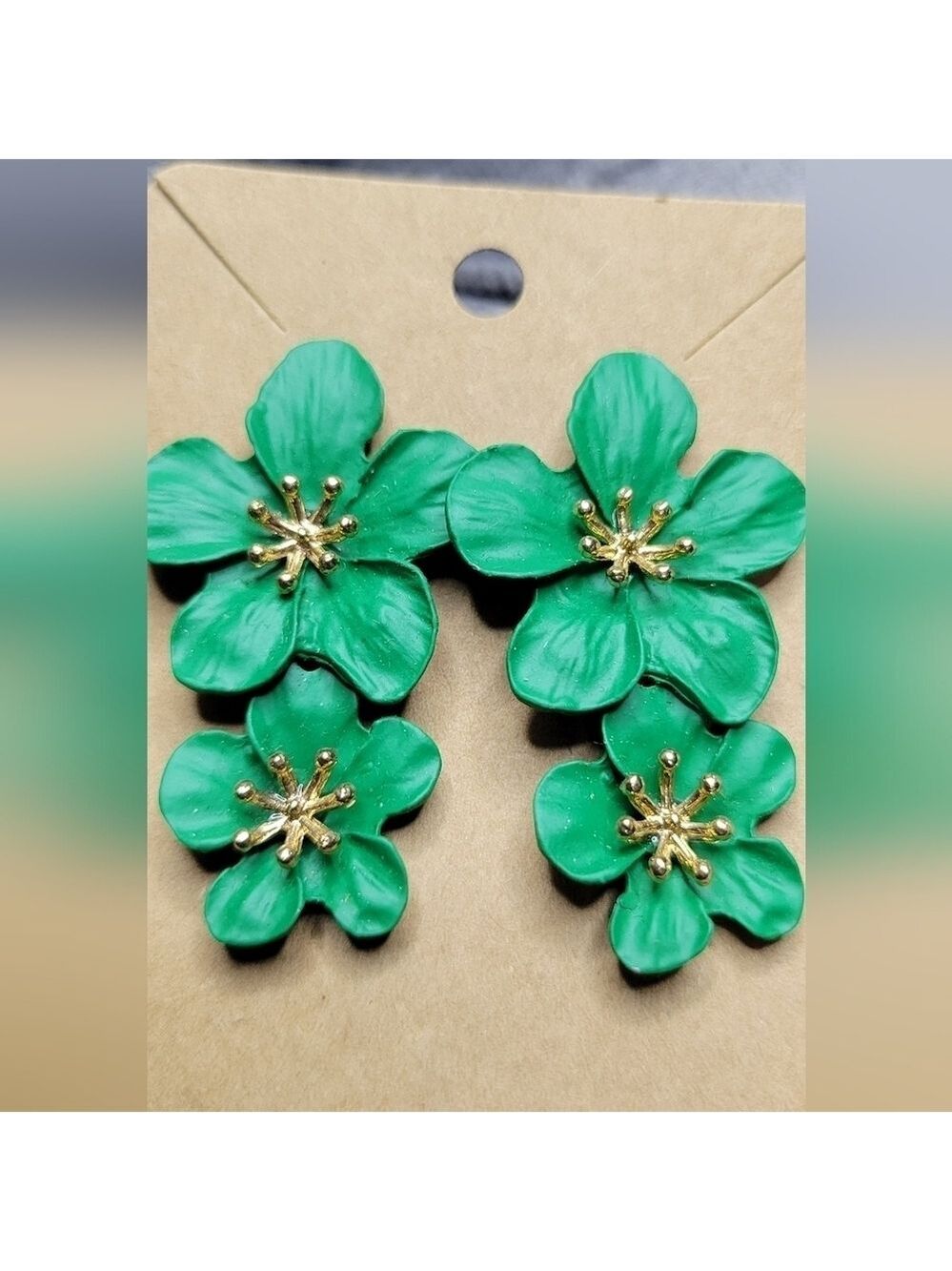 Green Matte Finish 2-Tier Flower Earrings